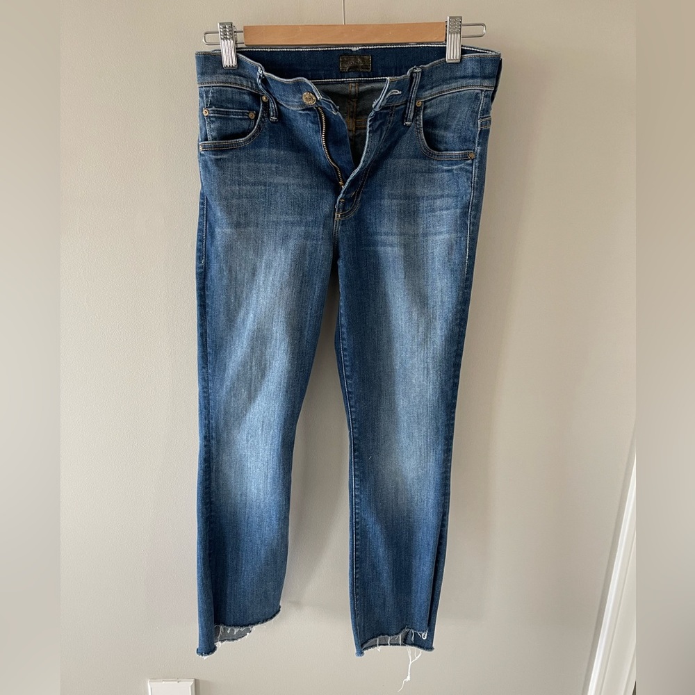 Mother denim cropped raw hem jeans, size 25